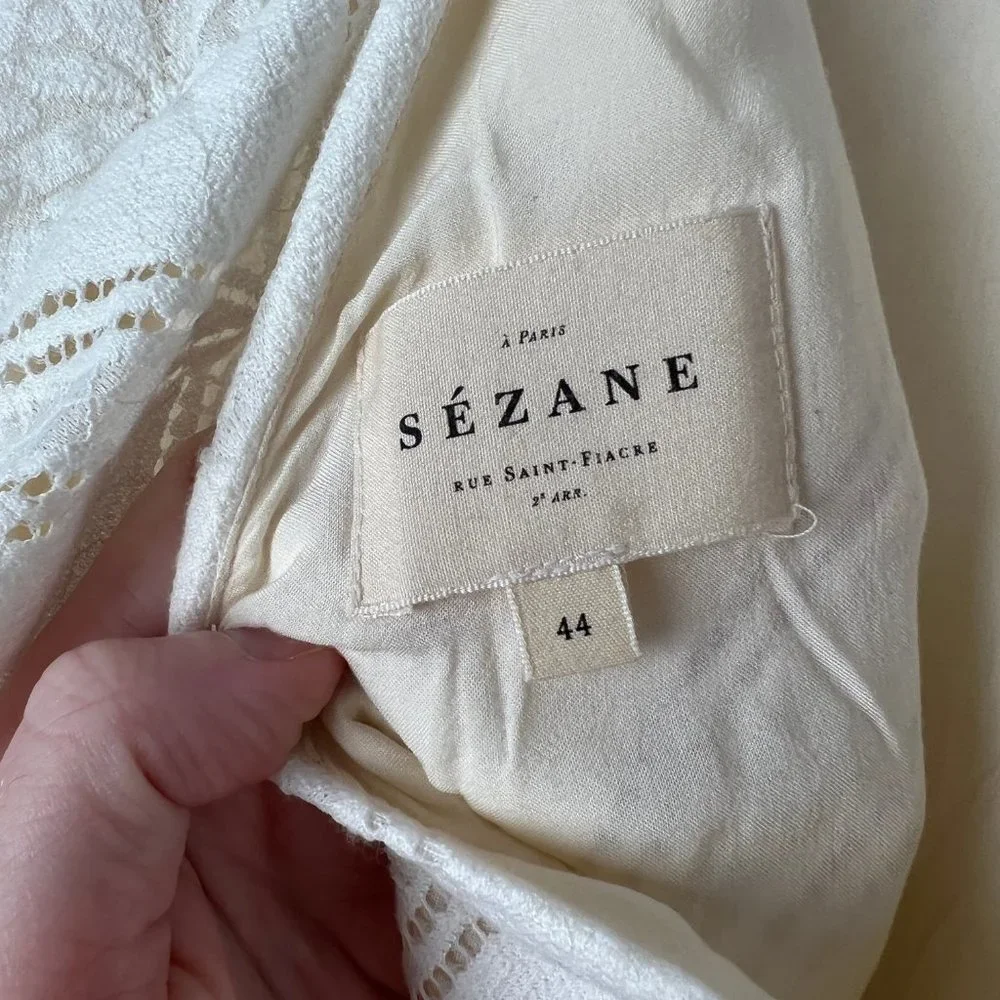 Sézane Livy Dress Parisian Ecru Off White Mix Woven Lace Short Puff Sleeve Mini - Picture 8 of 15